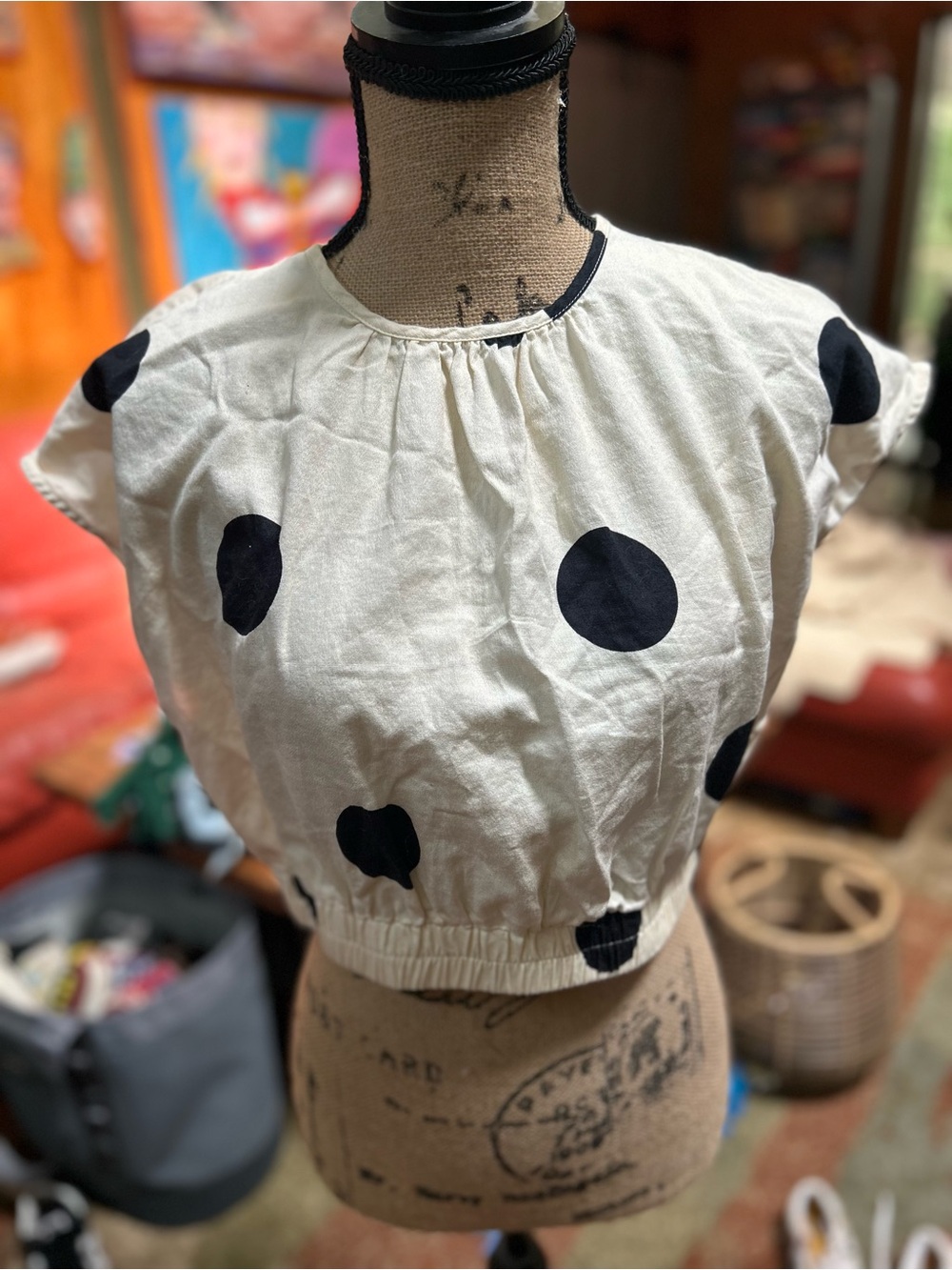 Casual Polka Dot Crop Top - White with Black Dots